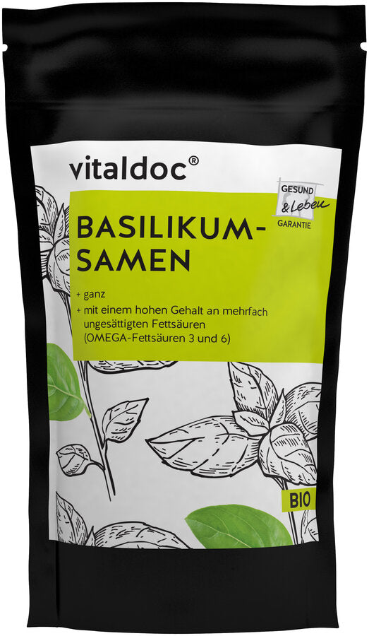 Bio basil seed + whole + with a high content of polyunsaturated fatty acids (omega fatty acids 3 and 6) + from controlled organic cultivation + gluten-free, lactose-free + vegan
