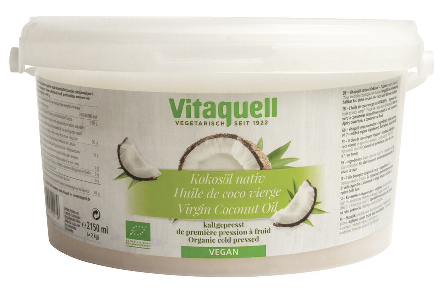 Vitaquell, native organic coconut oil is gently pressed from the pure, white coconut meat. This presents the exotic taste and smell of coconuts.
