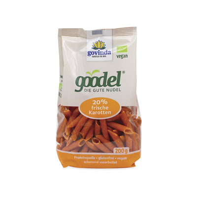 Goodels "carrot" are produced under raw food conditions. So until they are cooked, they have raw food quality. Only gluten -free products are produced on the systems, so that they do not contain any traces of gluten. They are inherently vegan and contain valuable vegetable protein due to the lens.