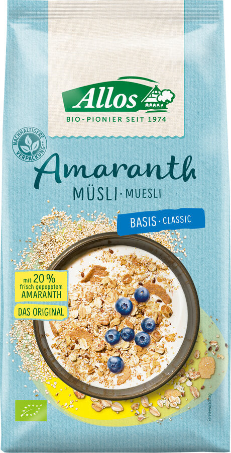 The organic amaranth base muesli from Allos is a delicious breakfast muesli with a 20% amaranth share. The muesli has a high fiber content and serves as a magnesium and iron source. You can enjoy the base Amaranth muesli pure or individually with different toppings - so you can start the day with energy and enjoyment!
