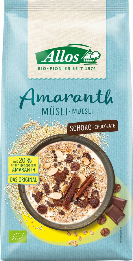 The organic amaranth chocolate muesli from Allos is a delicious breakfast muesli with a 20% amaranth share. The muesli has a high fiber content and serves as a magnesium and iron source. The finely tart dark chocolate flakes and pieces give the muesli an extra chocolate note - so you can start the day with energy and enjoyment!