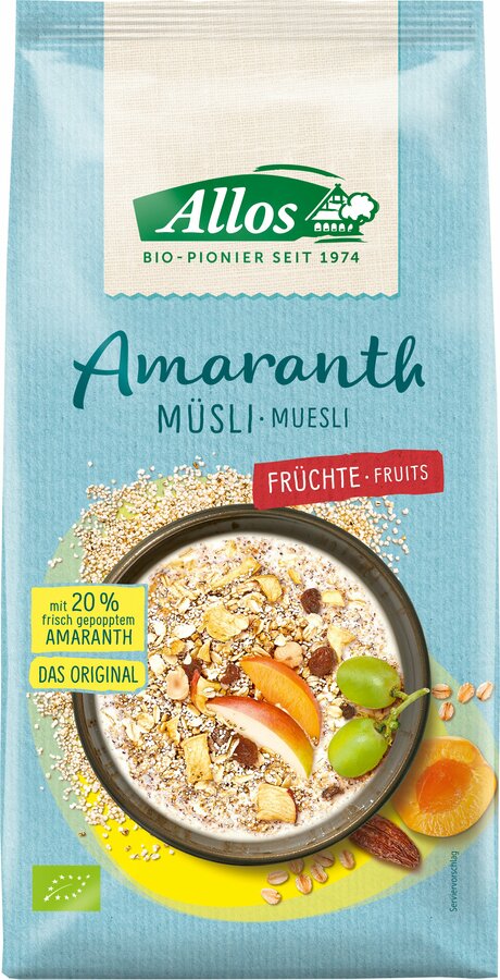The organic amaranth fruits muesli from Allos is a delicious breakfast muesli with a 20% amaranth share. The muesli has a high fiber content and serves as a magnesium and iron source. The fruits give the muesli an extra fruity grade - so you can start the day with energy and enjoyment!