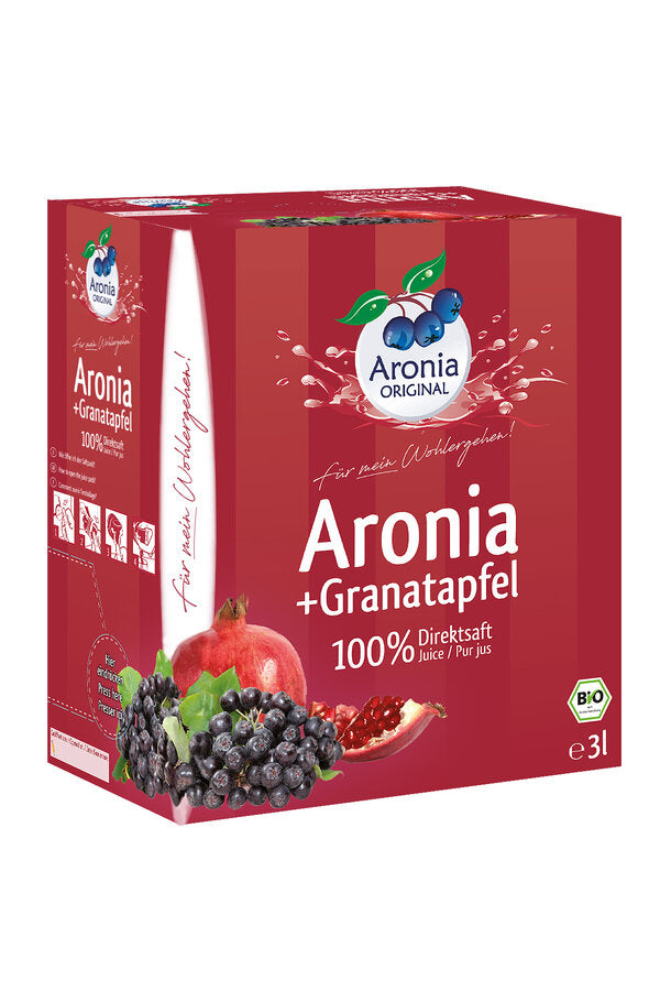 Bio aronia pomegranate direct juice in the practical monthly ration (with a drink of 100 ml) in selected organic quality is pressed directly and can therefore also bear the name of direct juice. It contains no additives, such as preserving,- color,- and flavorings (according to law). The organic seal ensures the best processing of high-quality raw materials. The gentle workmanship is another quality of quality.