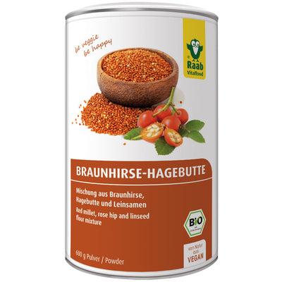 Raab Bio Braunkirse-Hagebovert combines three "classics" in a powder mixture: finely ground flour from the grain of high-quality brown millet and rosehip powder, which contains the best of the fruit bowl and the cores of the AP-4 rosebread. This high -quality variety comes from the Chilean highlands and is grown in rural areas in southern Chiles. Linseed flour rounds off the mixture. The mixture contains silica by nature.