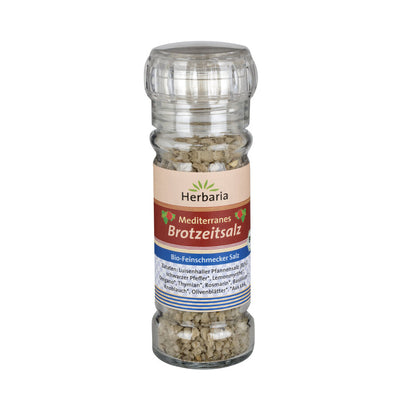 Organic spice salt for the Mediterranean snack in the mill. With Luisenhaller Pfannensalz and Mediterranean herbs such as Oregano, Lemonmyrtes, Thyme, rosemary, basil and olive leaves.