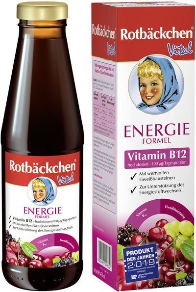 Sufficient supply of vitamin B12 is very important for physical and mental performance. Red cheeks Vital Energy Formula contains high -dose vitamin B12 as well as the important protein building blocks glutamine and Serin. Vitamin B12 supports the energy metabolism of our body. It also contributes to a normal function of our nervous system and at the same time makes a contribution to the formation of red blood cells and to the body's cell division.