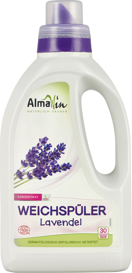 Almawin fabric softener makes the laundry pleasantly soft and wraps it into a subtle lavender scent. Dermatologically tested and vegan.