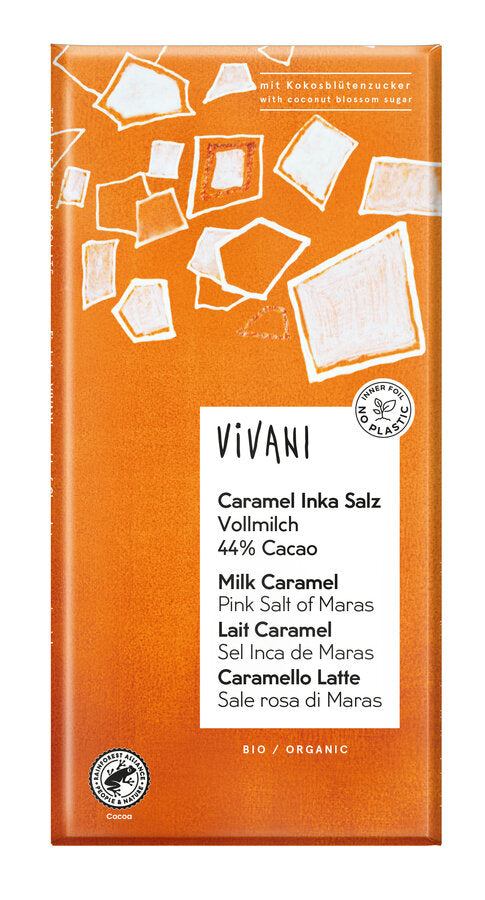Fully milk chocolate with a high cocoa content of 44%, Caramel Crisps and a pinch of Inca solar salt. The contained coconut blossom sugar also gives the chocolate a caramel note.