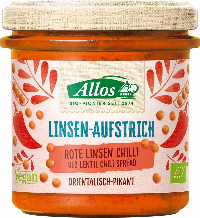 Oriental-spicy taste experiences in a glass: the allos lens spread red lens chilli combines red lentils with fruity tomatoes, sunflower oil and a touch of chilli and brings the 1001-night feeling to the bread.