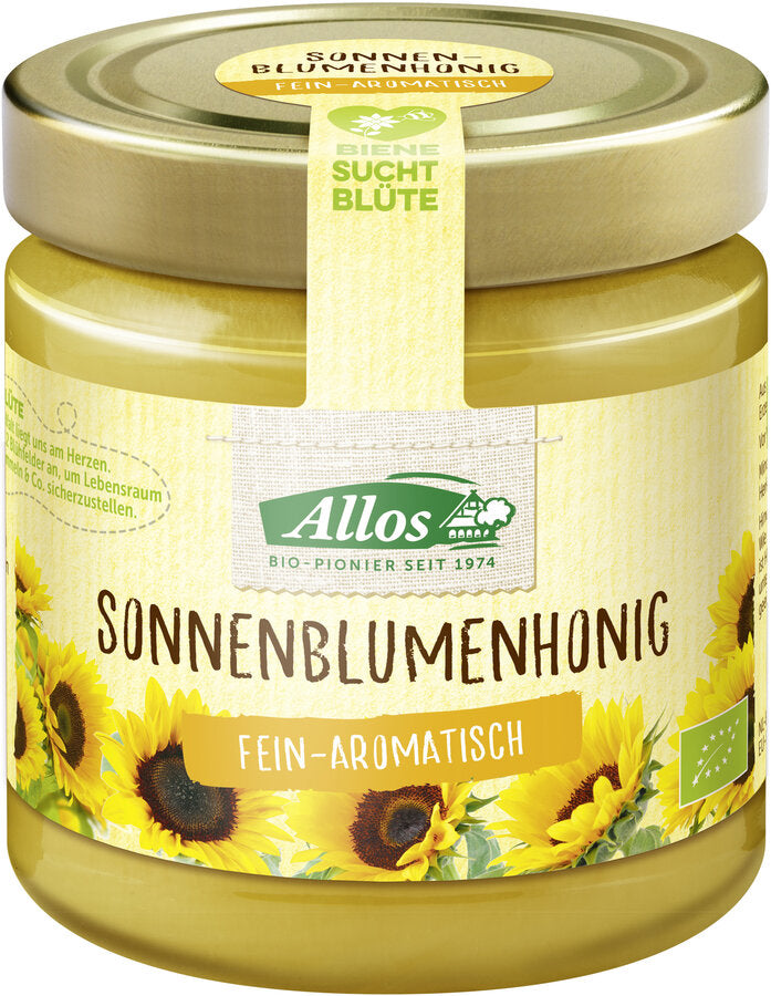 The Allos organic sunflower honey has a nice sun yellow color and a mild aroma with a pleasantly sour note. The sunflower honey is therefore well suited for refining fruit salads, jams or Asian dishes.
