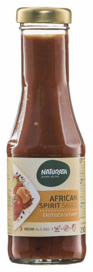 The fruity-sharp African Spirit sauce is a real taste experience. She gets the sharpness from Jalapeno Chilis. She gets her exotic fresh note through apricots and a hint of lime. With three out of four chili peppers, she has a medium-sharp sharpness level. The sauce fits perfectly with steaks, smoked tofu and other vegetarian and vegan alternatives. The African Spirit sauce is also very suitable as a dip for Nachos.