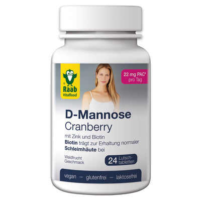 Raab D-Mannose-Cranberry lollipops contain 2 g D-mannose, 11 mg *Proanthocyanidine (PAC) from cranberry extract as well as zinc and biotin. Zinc contributes to a normal function of the immune system. Biotin contributes to the preservation of normal mucous membranes.