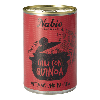 Our chili con quinoa is a vegan chilli made of kidney beans, corn, peppers, tomatoes and quinoa and fits perfectly into the range of the creative stews from Nabio. A little coriander, chilli, garlic and roasted onions give the stew a good seasoning with a very mild sharpness. Quinoa is rich in valuable minerals and vitamins and is also an excellent vegetable protein.