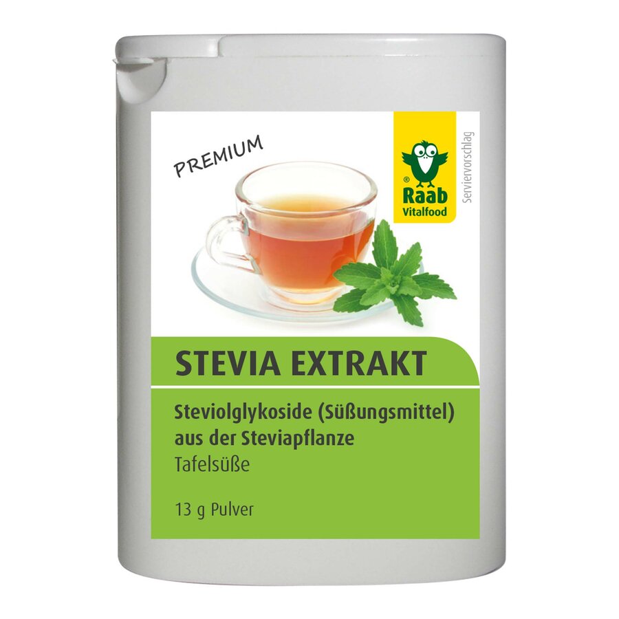 The Stevia plant has been used as a sweetener by the indigenous population of Brazil and Paraguays for centuries. Raab Stevia extract is a white, crystalline powder from the extract of the leaves of this plant (Stevia Rebaudiana). The powder is ideal for the sweetness of hot and cold drinks and desserts. Sweet power: 1 g of stevia extract corresponds to 66 cube sugar (approx. 200 g sugar)