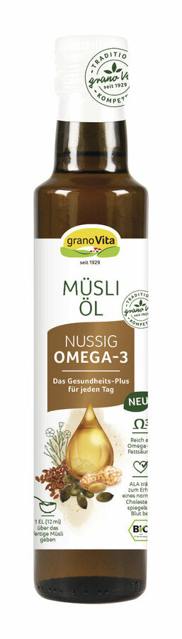 Granovita muesli oil is the healthy upgrade for your daily muesli. It is rich in valuable omega-3 fatty acids and gives your muesli a mild nutty taste. Also delicious for fresh salads.