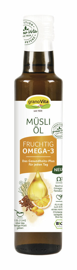A valuable addition to the muesli is the muesli oil fruity, which already provides an extra portion of omega-3 fatty acids in the morning. The organic plant oil mixture is based on rapeseed and linseed oil; The fruity grade gets the oil from sea buckthorn fertilizer meat, orange and lemon oil. Also delicious for fresh salads.