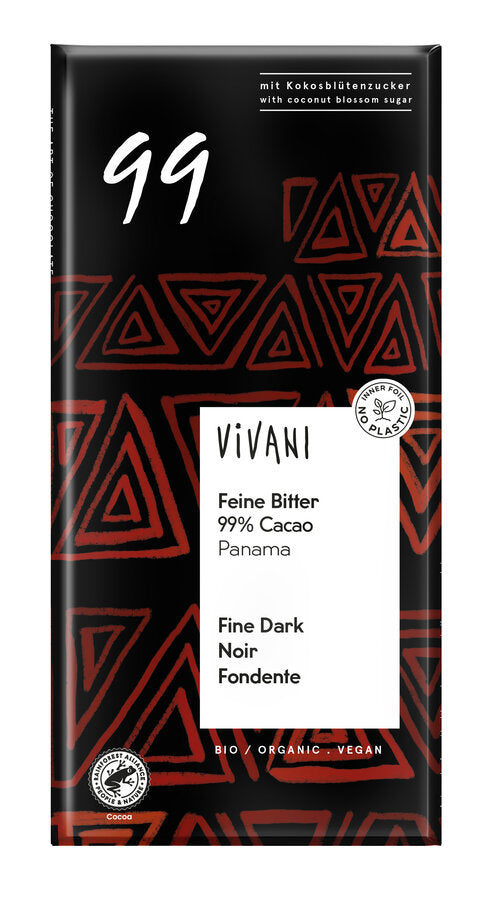 Fine bitter 99% offers top-class cacao enjoyment. A pure cocoa experience made of the finest Panama cocoa, which particularly impresses with its pleasant mild. Due to the thin 80 g blackboard shape, an incomparable melting unfolds in the mouth, which skillfully stages the tart cocoa taste.