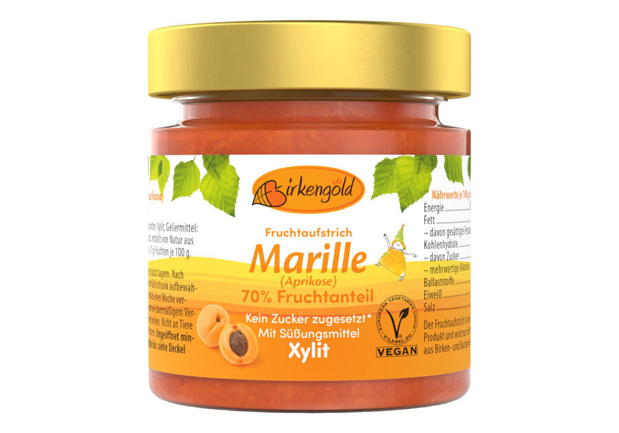 Our fruit spread marille consists of 70 % selected organic fruits. Only Birkengold® Xylitol is used for sweetness. A little apple pectin ensures the perfect consistency. Enjoyment tip: Our Birkengold® Marille fruit spread is sweetened exclusively with Birkengold® Xylit. It naturally contains sugar from the apricots, but no sugar is added. Birkengold® Xylitol and fruits complement each other wonderful, enjoy the delicious fruit taste.
