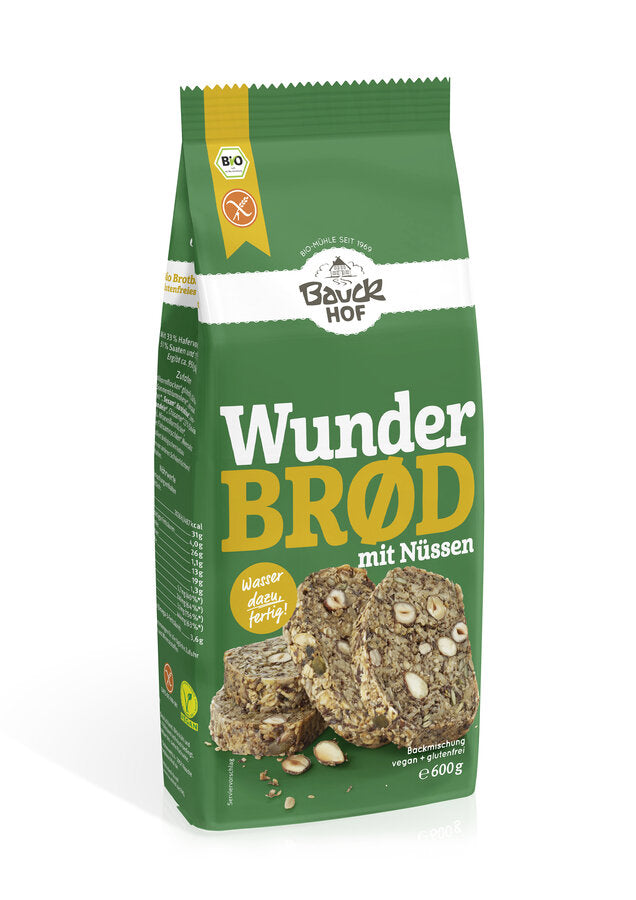 Life-Changing Wunderbrød with nuts according to Norwegian original recipe. Protein realm. Without flour and without yeast. Controlled gluten -free.