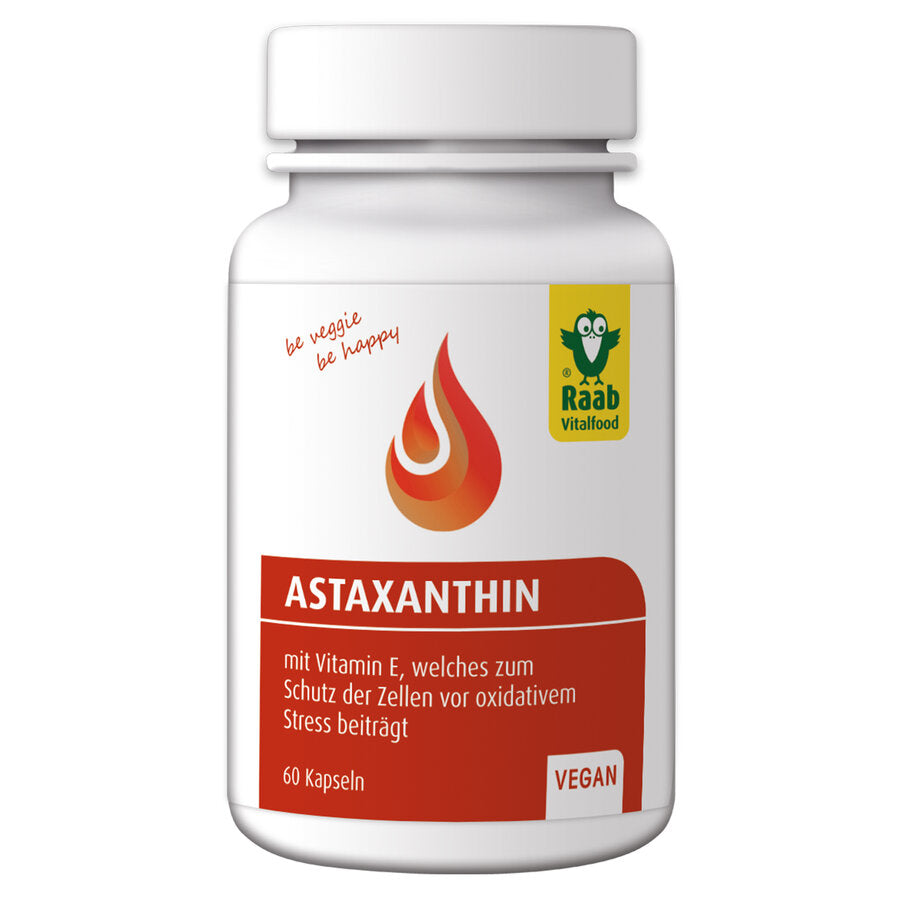 Astaxanthin belongs to the group of carotenoids and is naturally enriched by the microscopically small Haematococcus pluvialis algae under sunlight. Raab Astaxanthin capsules contain 4 mg astaxanthin and vitamin E. vitamin E per capsule contributes to protecting the cells from oxidative stress.