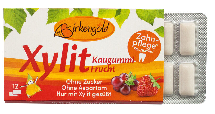 The fruity companion for on the go! The Birkengold® xylitol chewing gum not only brings fresh breath, but also maintains the teeth. It supports the preservation of tooth mineralization and demonstrably reduces the dental panel. Ideal after eating or just for in between! - Without titanium dioxide - without sugar - without artificial sweeteners such as aspartame Our Birkengold® chewing gum is sweetened exclusively with a European xylitol. It receives the delicious taste through the uses