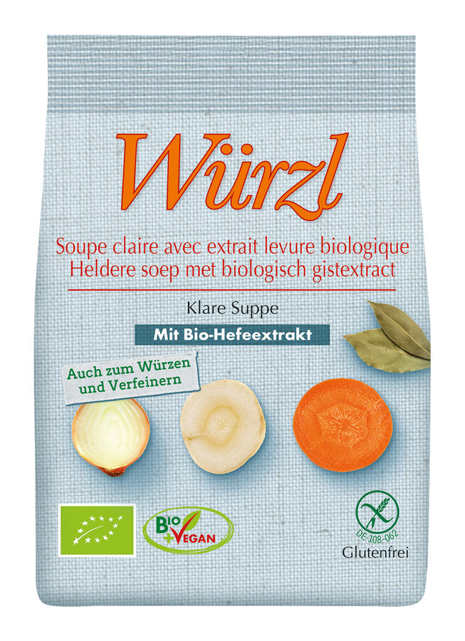 Würzl clear soup with organic yeast also for seasoning and refining. • New: with high quality organic yeast • full-bodied and usual spicy • vegan • 100% organic • gluten-free • lactose-free • fats are drawn up