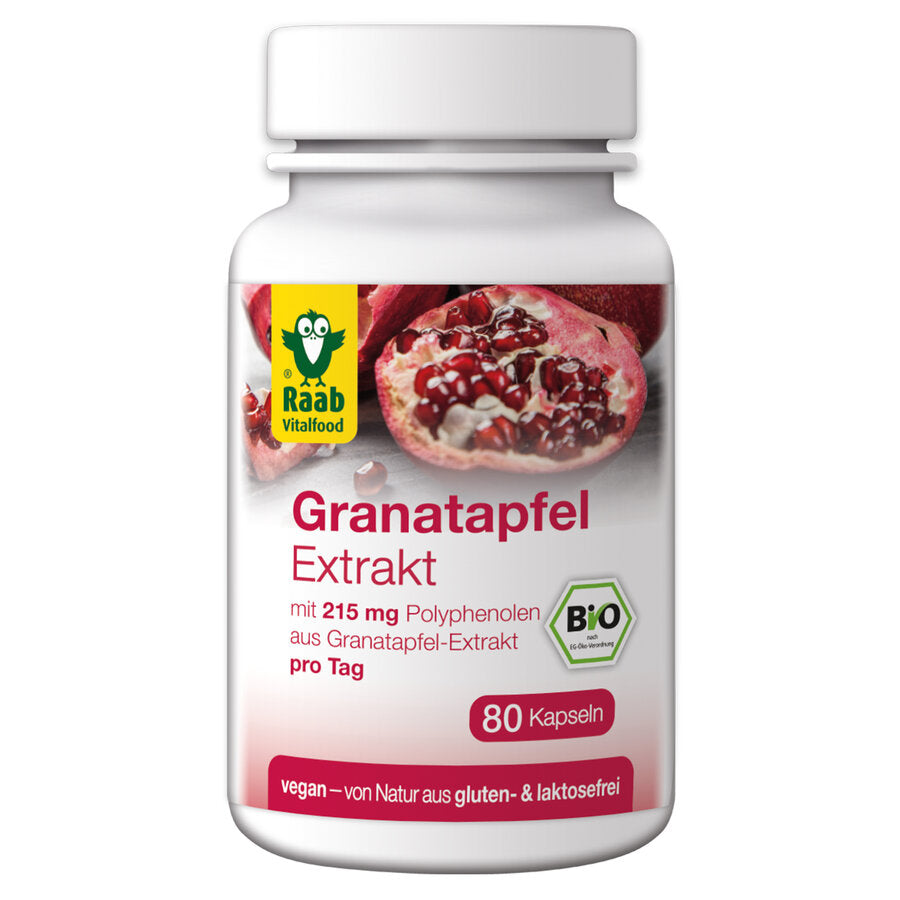 RAAB BIO Pomegranate extract capsules contain only high-quality plant extract made of pomegranate. The pomegranate contains valuable polyphenols (secondary plant substances), which, among other things, give it its intensive red color. The Raab Bio Bio Pomegranate Extract capsules contain 215 mg polyphenols per daily portion.