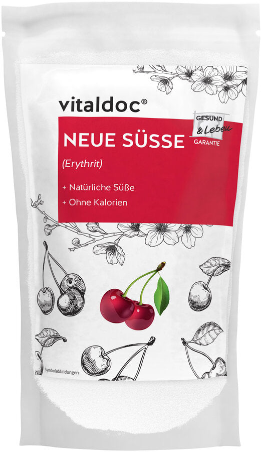 VitalDoc® New sweet (erythritol) + natural sweetness + without calories + gluten-free, lactose-free + sweetness of only 75 % compared to sugar + tooth-friendly + baking and cooking-resistant + no side taste- natural and good taste