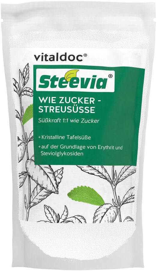 Steevia® like sugar - sprinkle + sweetness 1: 1 like sugar + crystalline table sweetness + based on erythritus and steviolglycosides + calorie -free + gluten -free, lactose -free and baking and cook -stable + no side taste