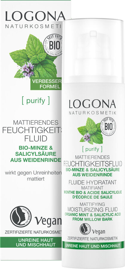 The logona matted moisture fluid refines and soothes the skin and gives a long -lasting, matt finish. The light, vegan care formula of natural origin with organic mint & natural salicylic acid from the pasture bark counteracts pimples and regulates the skin's fat and moisture balance.