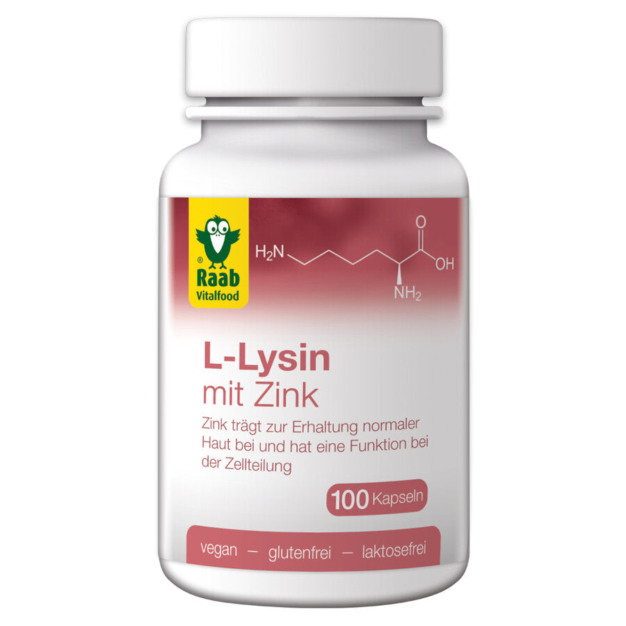Raab L-lysine capsules contain a coordinated combination of the essential amino acid L-lysine and zinc. Only L-lysine of natural origin is used for the high-dose Raab L-lysine capsules. For this purpose, the amino acid is obtained through fermentation. Zinc contributes to a normal function of the immune system and has a function in cell division.