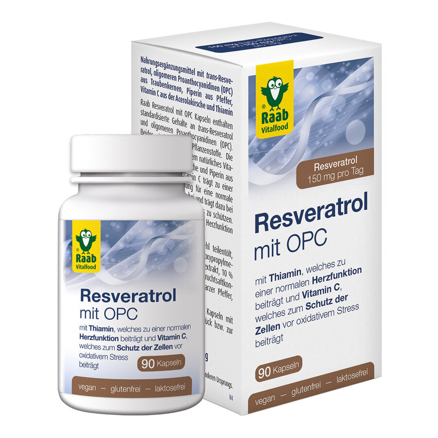 Raab resveratrol with OPC capsules contain standardized content of trans-resveratrol and oligomeric proanthocyanidines (OPC). Both are secondary plant substances. The capsules also contain natural vitamin C from the acerola cherry and piperine made of black pepper. Vitamin C contributes to normal collagen formation for a normal function of the blood vessels and contributes to protecting the cells from oxidative stress. Thiamin contributes to a normal heart function.