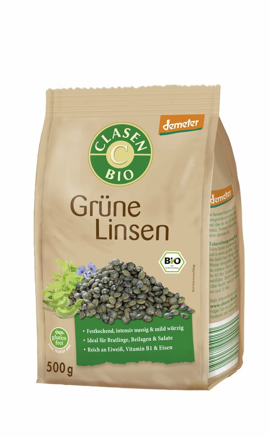 Clasen Bio Demeter Green Linsen are very small and tight -fitting lentils that can be cooked directly without soaking. You need 30 to 40 minutes to cook and then have a slightly robust bite and an intensely nutty and mild spicy taste. They are popular as an ingredient for brats, Mediterranean salads, purees and oriental rice dishes, but also in stews, soups and as a side dish they come into their own.
