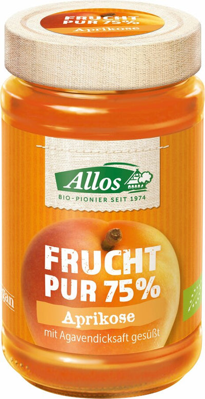 For allos fruit pure 75% apricot, only sun -ripened apricots are gently processed and sweetened with agave syrup - irresistibly delicious! The particularly balanced, delicious recipe of the fruit pure 75% spreads convinces with a fruit content of 75 percent.