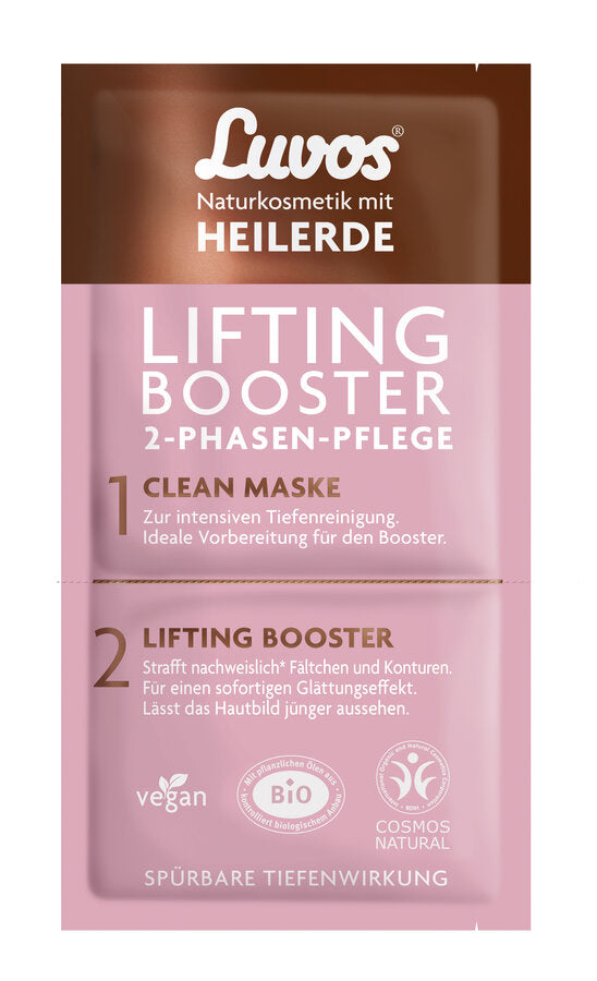 Luvos Power Booster Lifting with Clean Mask is 2-phase care. The step-by-step maintenance combines cleaning mask plus extra care booster perfectly portioned in a double chamber roof. The highly effective cleaning texture (Sachet 1) prepares optimally for the subsequent booster (SACHET 2). Clever, because nursing concentrates have a double effect on cleaned skin.