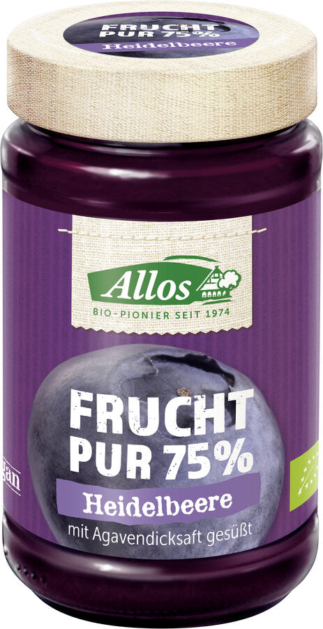 Sun -ripened blueberries, made of regional growing, gently processed the fruit pure75% blueberry spread tastes particularly fruity. The particularly balanced, delicious recipe of the fruit pure 75% spreads convinces with a fruit content of 75 percent.