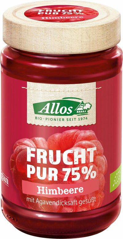 For allos pure fruit 75%, juicy sweet raspberries are particularly gently processed so that an intensive raspberry taste remains. The particularly balanced, delicious recipe of the fruit pure 75% spreads convinces with a fruit content of 75 percent.