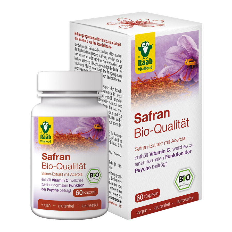 Raab Bio Saffran contains the extract from 45 saffron threads per capsule. The saffron extract has the highest organic quality and contains standardized content of the components of saffron and crocin. Saffranal is responsible for the typical aroma of the saffron, among other things, and the carotenoid crocin for its fermentation. The vitamin C contained in the capsules contributes to normal psychological function.