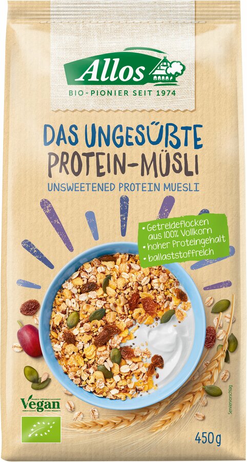 Soy and whole grains combined with pumpkin seeds, raisins and chia seeds result in a delicious muesli with everything you need for a good start to the day. The lovingly developed recipe is rich in proteins and does not require any added sugar.