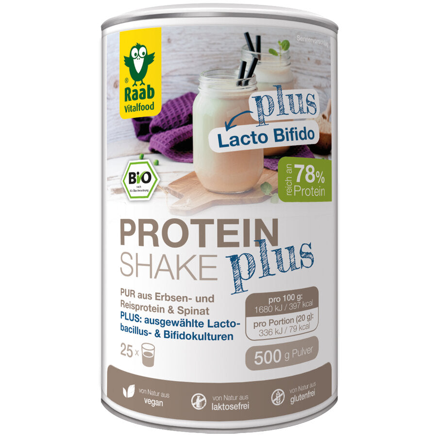 Raab Bio Protein Shake Pur Plus is purely vegetable and is based on a combination of pea and rice protein with spinach powder. The plus stands for six active, specially selected and coordinated lactobacillus and bifidocultures that complement the mixture. The shake is reserved in taste and universally usable. The shake contains 78 % herbal protein. Proteins contribute to an increase in muscle mass and the preservation of muscle mass.