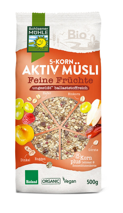The force of five valuable whole grain flakes combines muesli in the 5-grain. Oats, spelled, barley, rye and einkorn mixed with high -quality linseed and sunflower nucleus meet a selection of fine fruits. For a versatile and balanced diet to start the day enjoyable and actively.