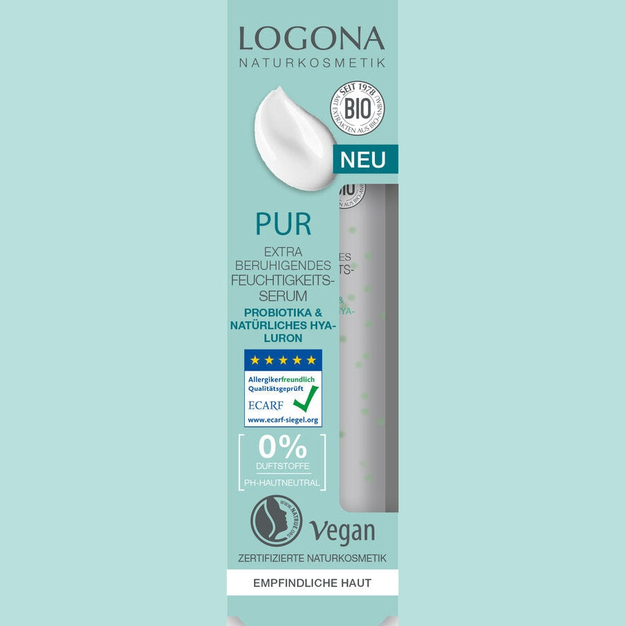 The logona PUR extra calming moisture serum of natural origin maintains sensitive skin with extra intensive moisture and is particularly compatible. The pH-skin-neutral, refreshing texture with natural probiotics & hyaluron supports the skin protection barrier and mitigates skin irritation such as feelings of tension, redness and tingling: of course pure, vegan & without perfume. Dermatologically tested. The skin has an invisible protective coat-the skin microbioma.