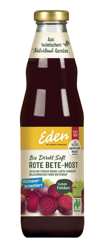 Eden My Veggie Paradise Rbeete-Most is one, table salt-low press juice made of Erntesegen, German natural country beetroot. - vegan - contains folic acid, which contributes to normal blood formation - salt calcamor - from German natural land certified beetroot - 100% direct juice