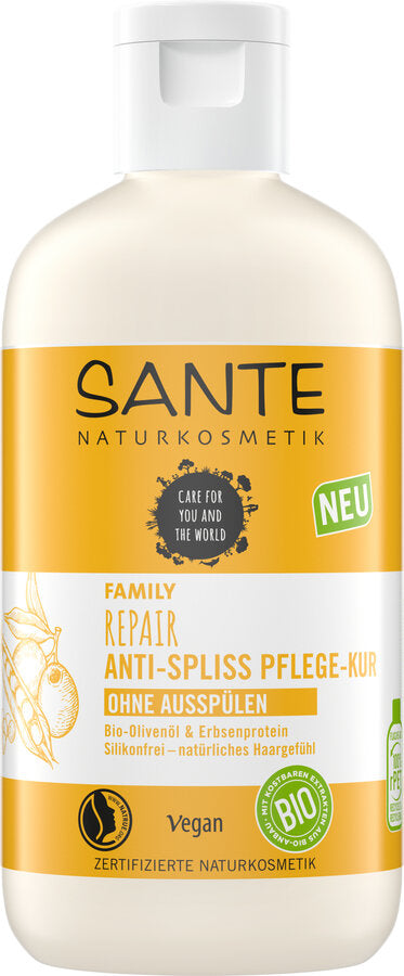 "The Sante Family Anti-Spliss Care Courage with organic olive oil and pea protein for stressed and damaged hair maintains and improves the hair structure. Innovative, naturally effective care formula for stressed and damaged hair organic olive oil: rich in nutrients, gives suppleness & gloss. Erbsen protein: known for its repair, strengthens & smoothes the hair. Rich and repairing anti-split-in care cure. Strengthens and revitalizes intensively.