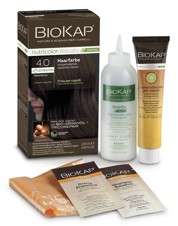 Biocap Nutricolor Delicato Rapid Permanent hair colors + 10 minutes exposure time + optimal gray cover + drips not + hairdressing clan and gloves including + nourishes, colored, repaired + with organic argan oil and tricore pair complex + up to 80% of the ingredients are natural origin + without ammonia, resorcin , Parabens, paraphenylendiamine* + without fragrances + on nickel (nickel <0,0001%) and dermatologically tested + suitable for vegans + made in Italy
