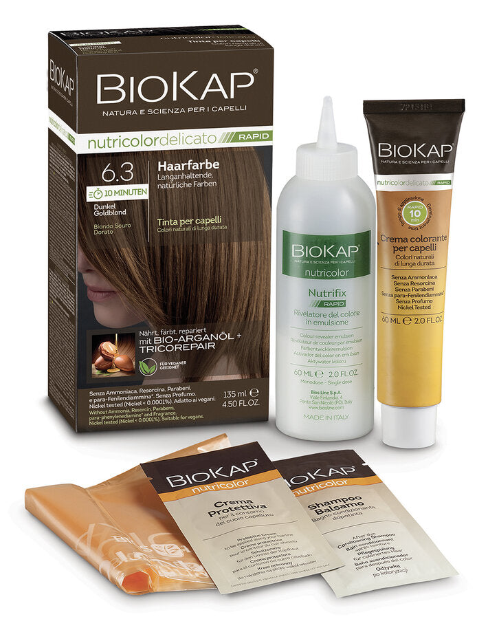 Biocap Nutricolor Delicato Rapid Permanent hair colors + 10 minutes exposure time + optimal gray cover + drips not + hairdressing clan and gloves including + nourishes, colored, repaired + with organic argan oil and tricore pair complex + up to 80% of the ingredients are natural origin + without ammonia, resorcin , Parabens, paraphenylendiamine* + without fragrances + on nickel (nickel <0,0001%) and dermatologically tested + suitable for vegans + made in Italy