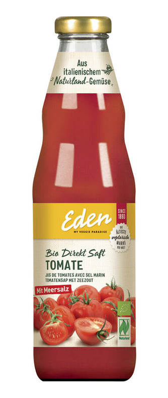 Eden tomato juice is a low -calorie press juice of sun -ripened, Italian natural country tomatoes. The juice is refined with lemon juice, seasoned with a pinch of sea salt and tastes excellent as an aperitif or as a refreshment in between. - vegan - low -calorie - excess base - from Italian natural country tomatoes - 100% direct juice