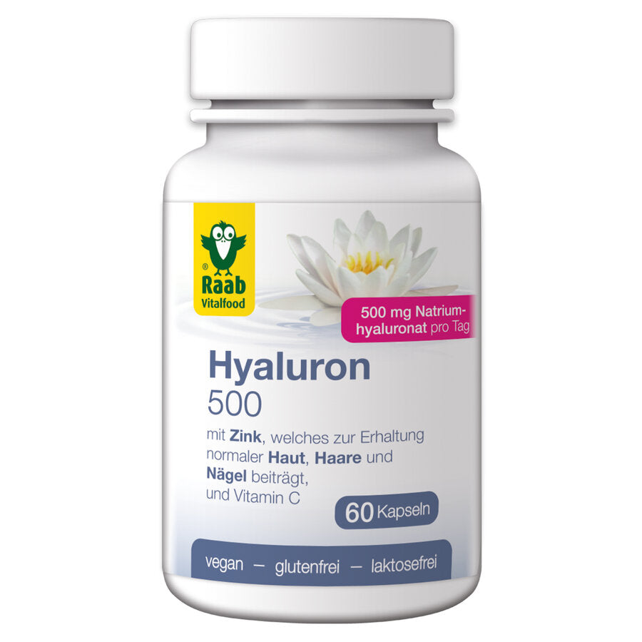 Raab Hyaluron 500 capsules contain vegan hyaluronic acid, which is obtained from corn using a fermentation process and vitamin C, zinc and acacia fiber. A daily portion of two capsules contains 500 mg sodium hyaluronate, of which 450 mg are pure hyaluronic acid. Zinc contributes to the preservation of normal skin, hair and nails. Vitamin C contributes to normal collagen formation for normal cartilage function and a normal function of the skin.