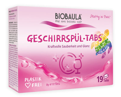 The BioBaula dishwashing tab cleans your dishes hygienic and perfectly - without an unnecessary load of our water! For a clean ecological balance. Packed loose, vegan, plastic and microplasty-free, with exclusively natural surfactants. Please use the Biobaula dishwasher tabs in combination with dishwasher salt and pluser.