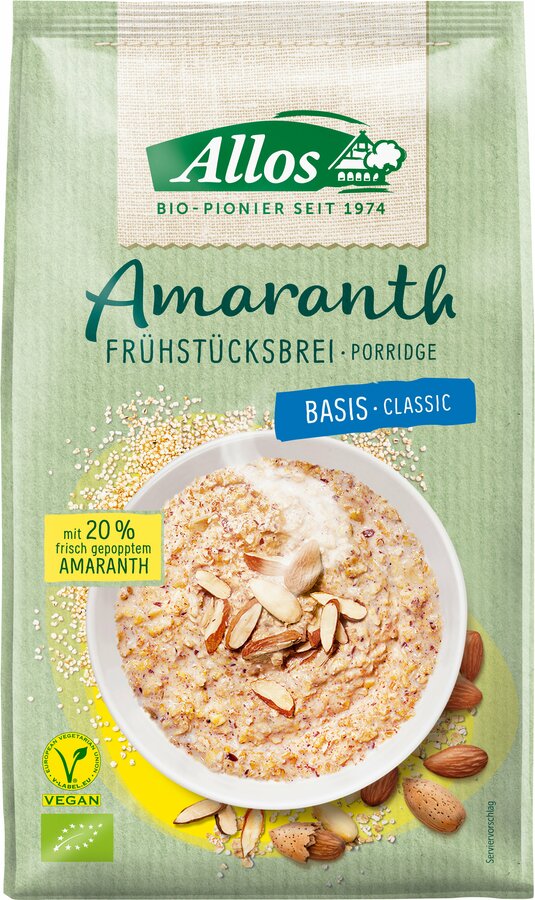 The Allos Amaranth breakfast porridge is quickly prepared and is characterized by its high amaranth share of 20%. It is the ideal part of a balanced breakfast because it is rich in fiber and a magnesium and iron source. Thanks to the fine consistency, it is not stressful when eating. You can enjoy this variety pure or individually with different toppings. Start the day with energy!